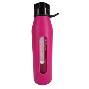 TAKEYA FUCHSIA CLEAR GLASS WATER BOTTLE 22OZ TWIST CAP SILICONE SLEEVE